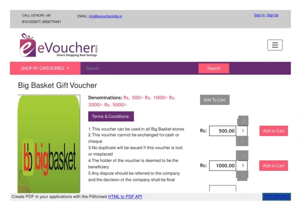 Buy BIG BASKET Gift Cards | BIG BASKET Gift Vouchers Online | BIG BASKET eVouchers in India | eVoucher India