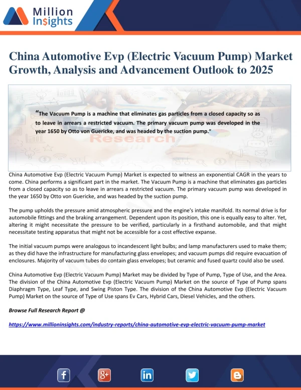 China Automotive Evp (Electric Vacuum Pump) Market Growth, Analysis and Advancement Outlook to 2025
