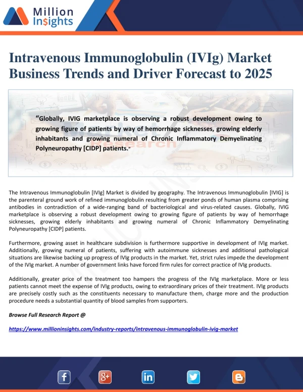 Intravenous Immunoglobulin (IVIg) Market Business Trends and Driver Forecast to 2025