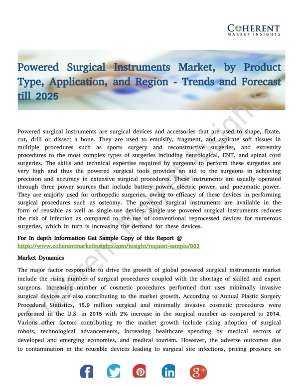 Powered Surgical Instruments Market, by Product Type, Application, and Region - Trends and Forecast till 2025