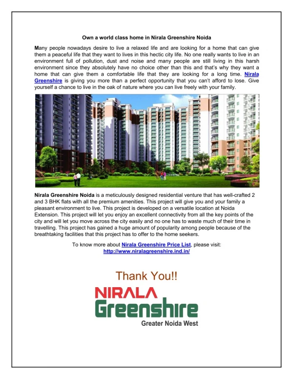 Spend a relaxed life in Nirala Greenshire Noida Extension