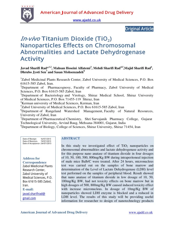 In-vivo Titanium Dioxide (TiO2 ) Nanoparticles Effects on Chromosomal Abnormalities and Lactate Dehydrogenase Activity
