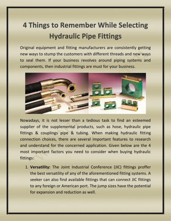 4 Things to Remember While Selecting Hydraulic Pipe Fittings