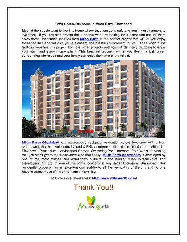 Own a premium home in Milan Earth Ghaziabad