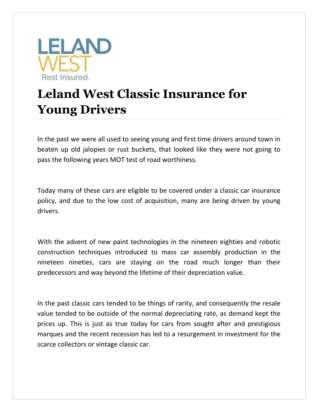 leland west classic insurance for young drivers