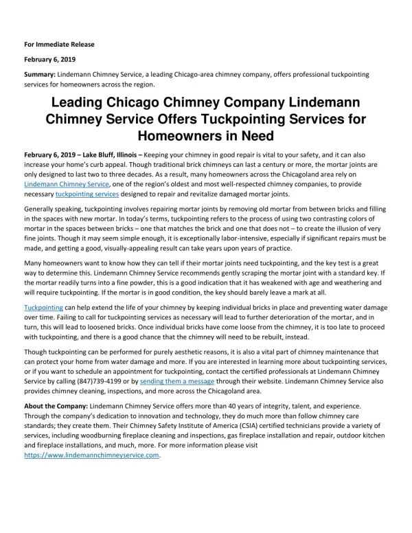 Leading Chicago Chimney Company Lindemann Chimney Service Offers Tuckpointing Services for Homeowners in Need