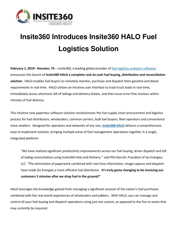 Insite360 Introduces Insite360 HALO Fuel Logistics Solution