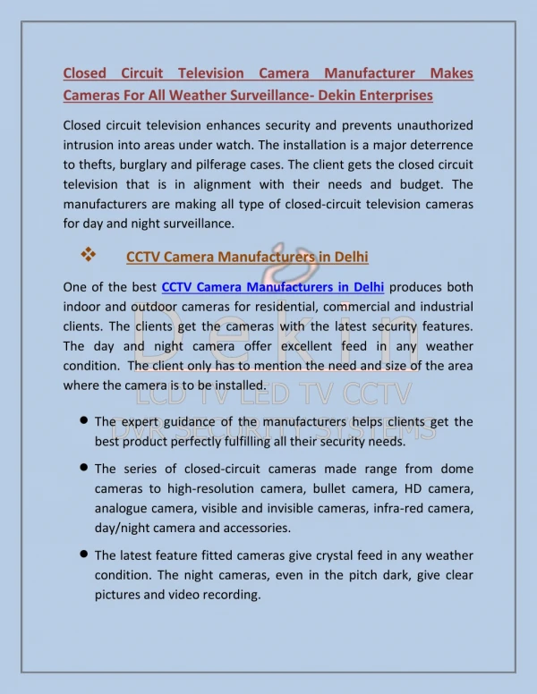 Closed Circuit Television Camera Manufacturer Makes Cameras For All Weather Surveillance