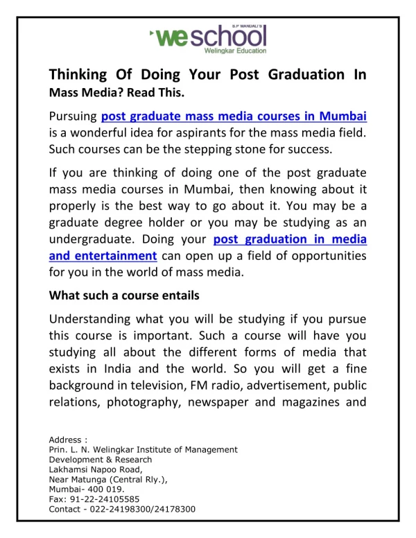 Thinking Of Doing Your Post Graduation In Mass Media? Read This.