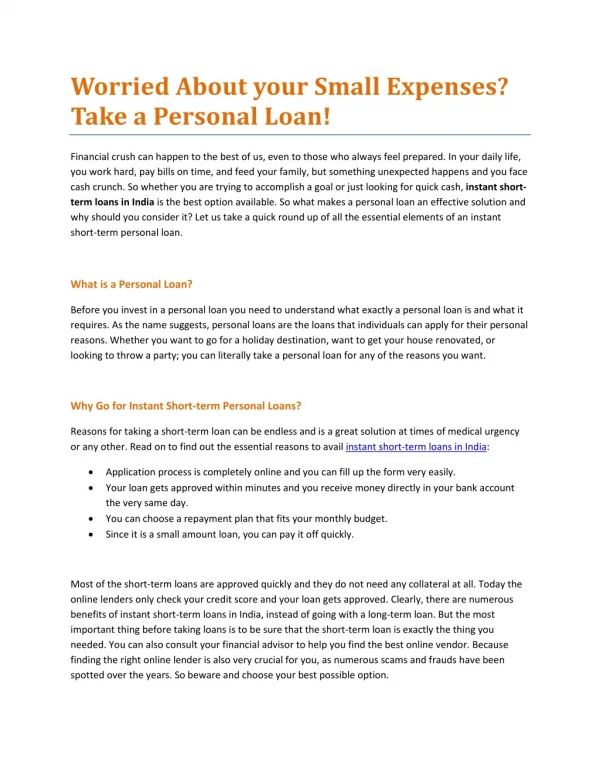 Worried About your Small Expenses? Take a Personal Loan