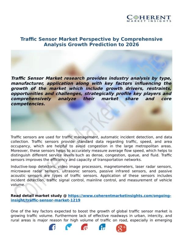 Traffic Sensor Market Perspective by Comprehensive Analysis Growth Prediction to 2026