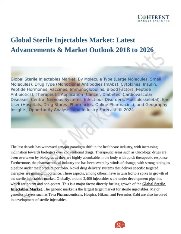 Global Sterile Injectables Market: Segmentation Application, Technology & Market Analysis Report 2018-2026