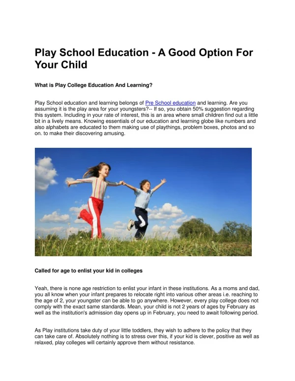 Play School Education - A Good Option For Your Child