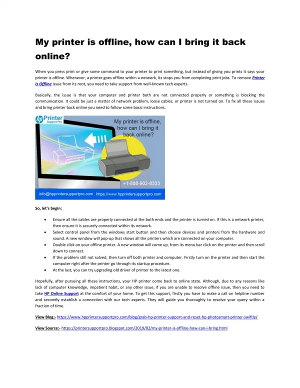 My printer is offline, how can I bring it back online?
