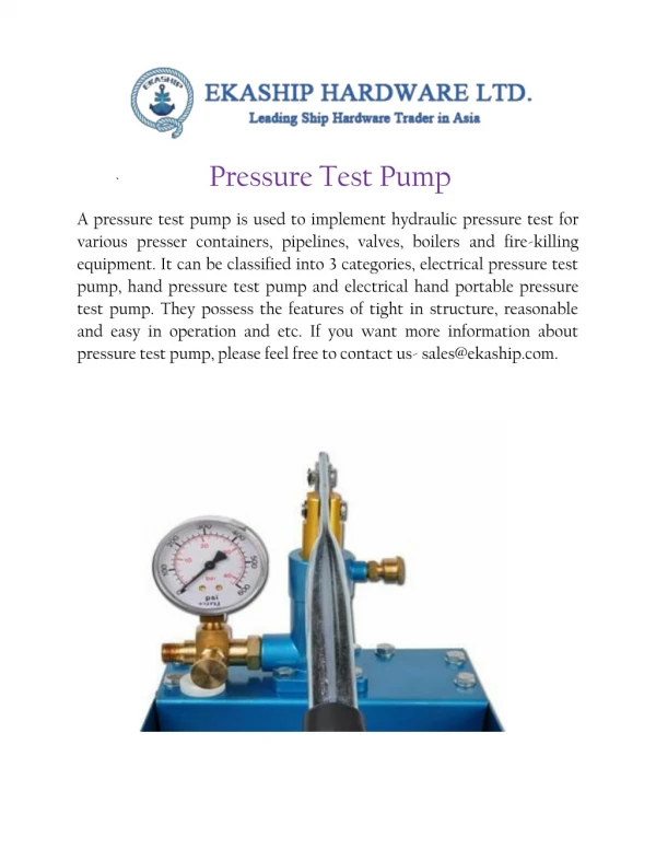 Ekaship Hardware LTD - Pressure Test Pump