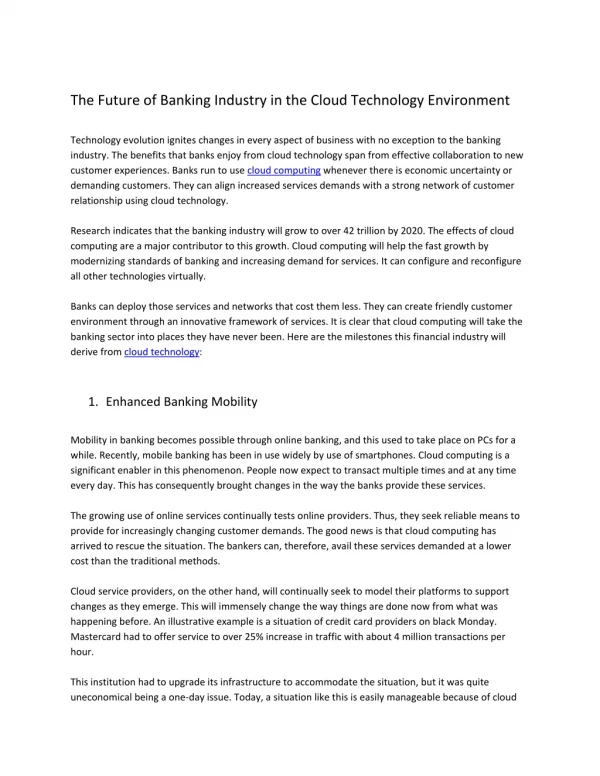 The Future of Banking Industry in the Cloud Technology Environment