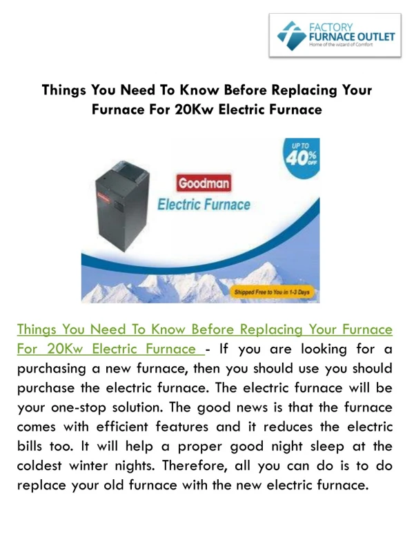 Things You Need To Know Before Replacing Your Furnace For 20Kw Electric Furnace