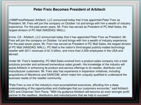 Peter Freix Becomes President of Arbitech