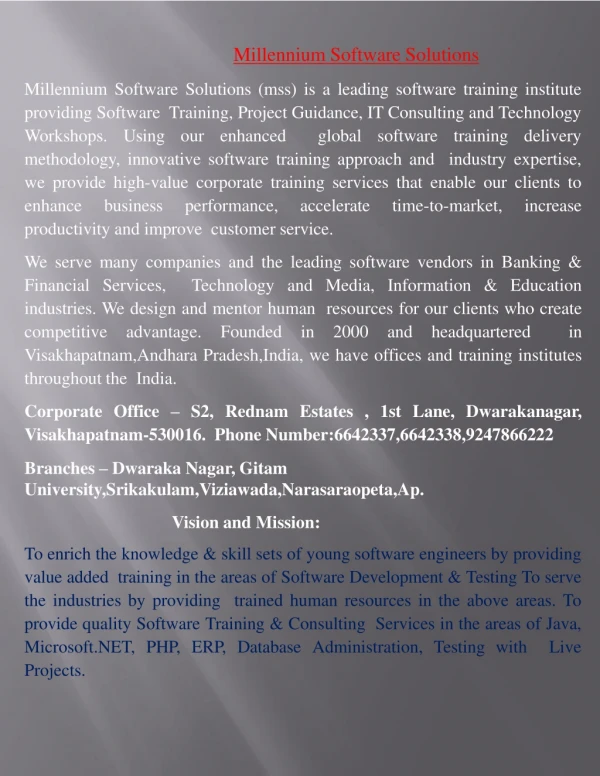 Best IT Software Training Institute in Dwarakanagar, Visakhapatnam / Vizag | Millennium Software Solutions