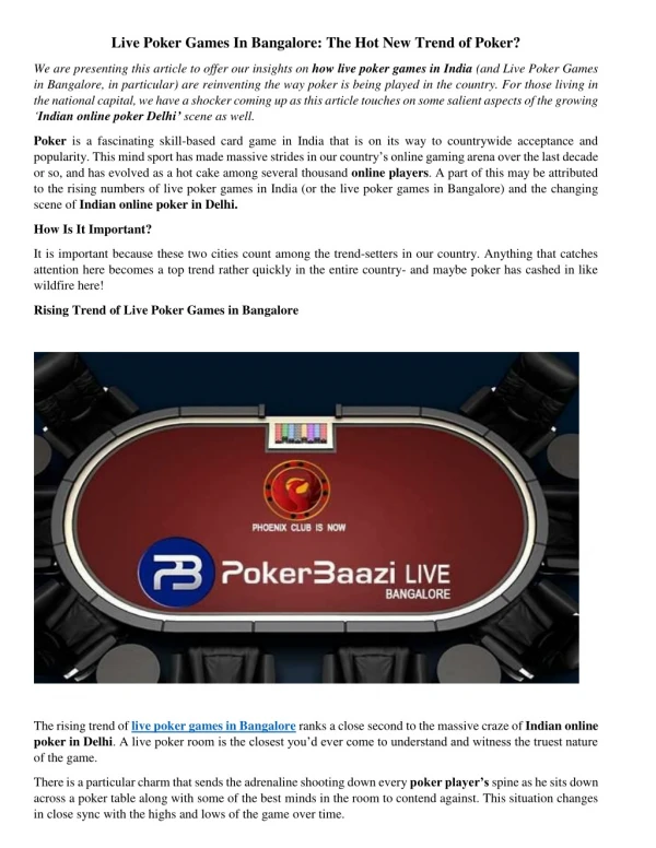Live Poker Games In Bangalore-The Hot New Trend of Poker