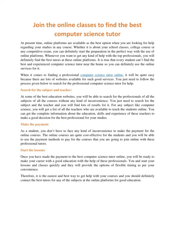 Join the online classes to find the best computer science tutor