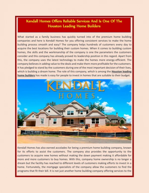 Kendall Homes Offers Reliable Services And Is One Of The Houston Leading Home Builders