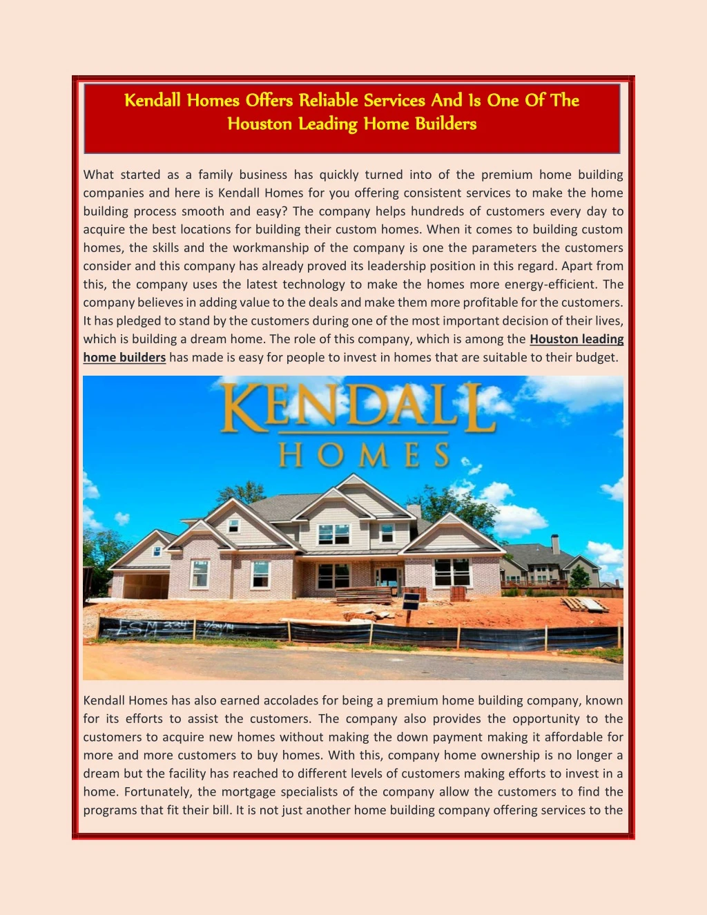 kendall homes offers reliable services