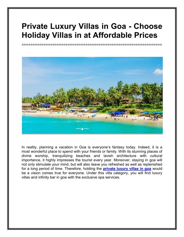 Private Luxury Villas in Goa - Choose Holiday Villas in at Affordable Prices