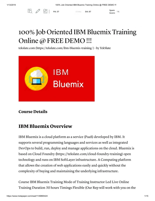 IBM Bluemix Training in India & USA - FREE DEMO