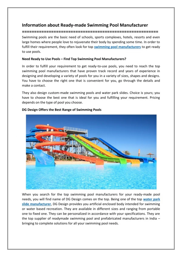 Information about Ready-made Swimming Pool Manufacturer
