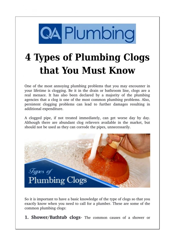 4 Types of Plumbing Clogs that You Must Know