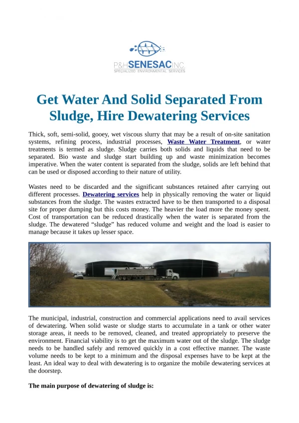 Get Water And Solid Separated From Sludge, Hire Dewatering Services