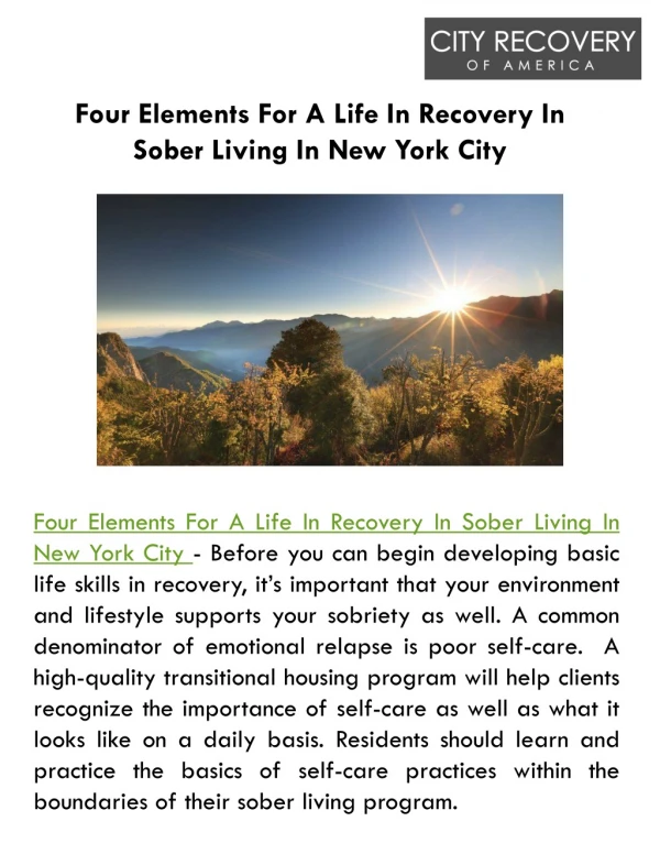 Four Elements For A Life In Recovery In Sober Living In New York City