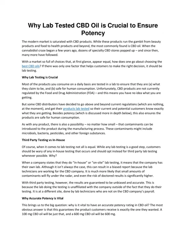 Why Lab Tested CBD Oil is Crucial to Ensure Potency