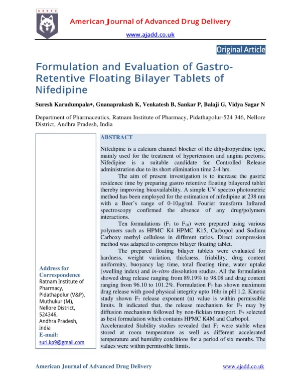 Formulation and Evaluation of GastroRetentive Floating Bilayer Tablets of Nifedipine