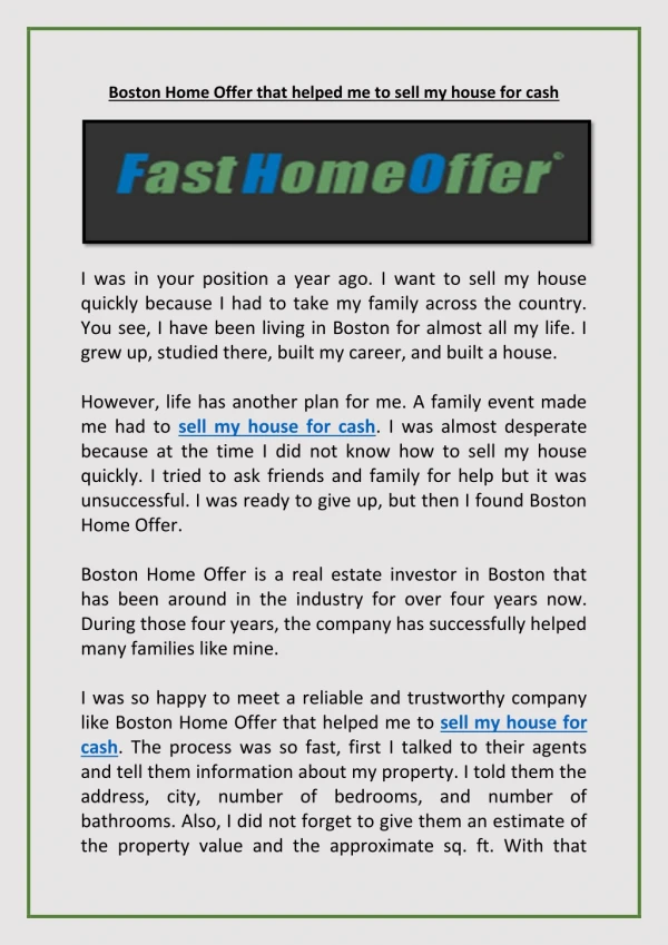 Boston Home Offer that helped me to sell my house for cash