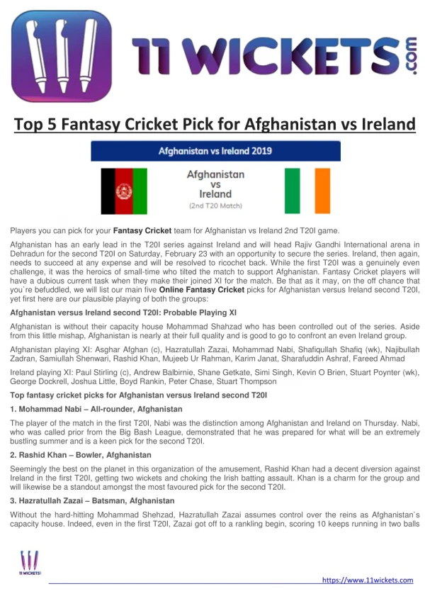 Top 5 Fantasy Cricket Pick for Afghanistan vs Ireland