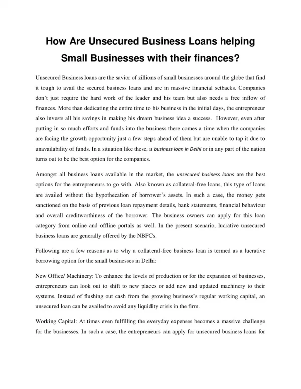How Are Unsecured Business Loans helping Small Businesses with their finances