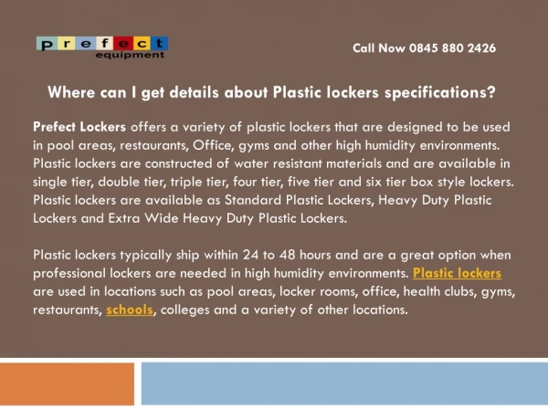 Where can I get details about Plastic lockers specifications?