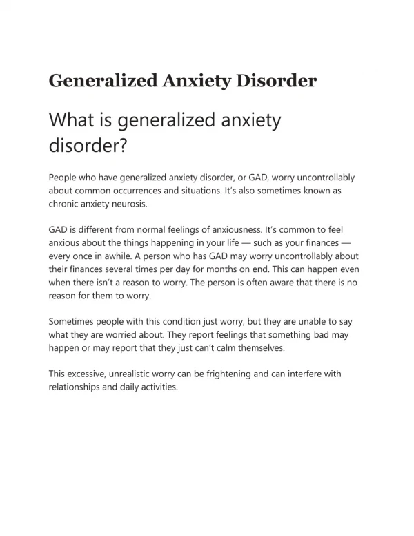 Detailed Information about Generalized Anxiety Disorder
