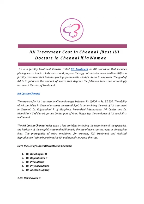 IUI Treatment Cost In Chennai | Best IUI Doctors in Chennai | ElaWoman