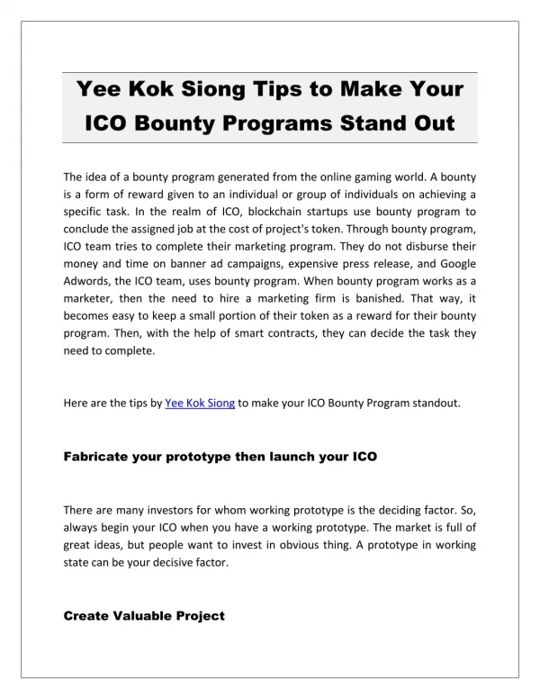 Yee Kok Siong Tips to Make Your ICO Bounty Programs Stand Out