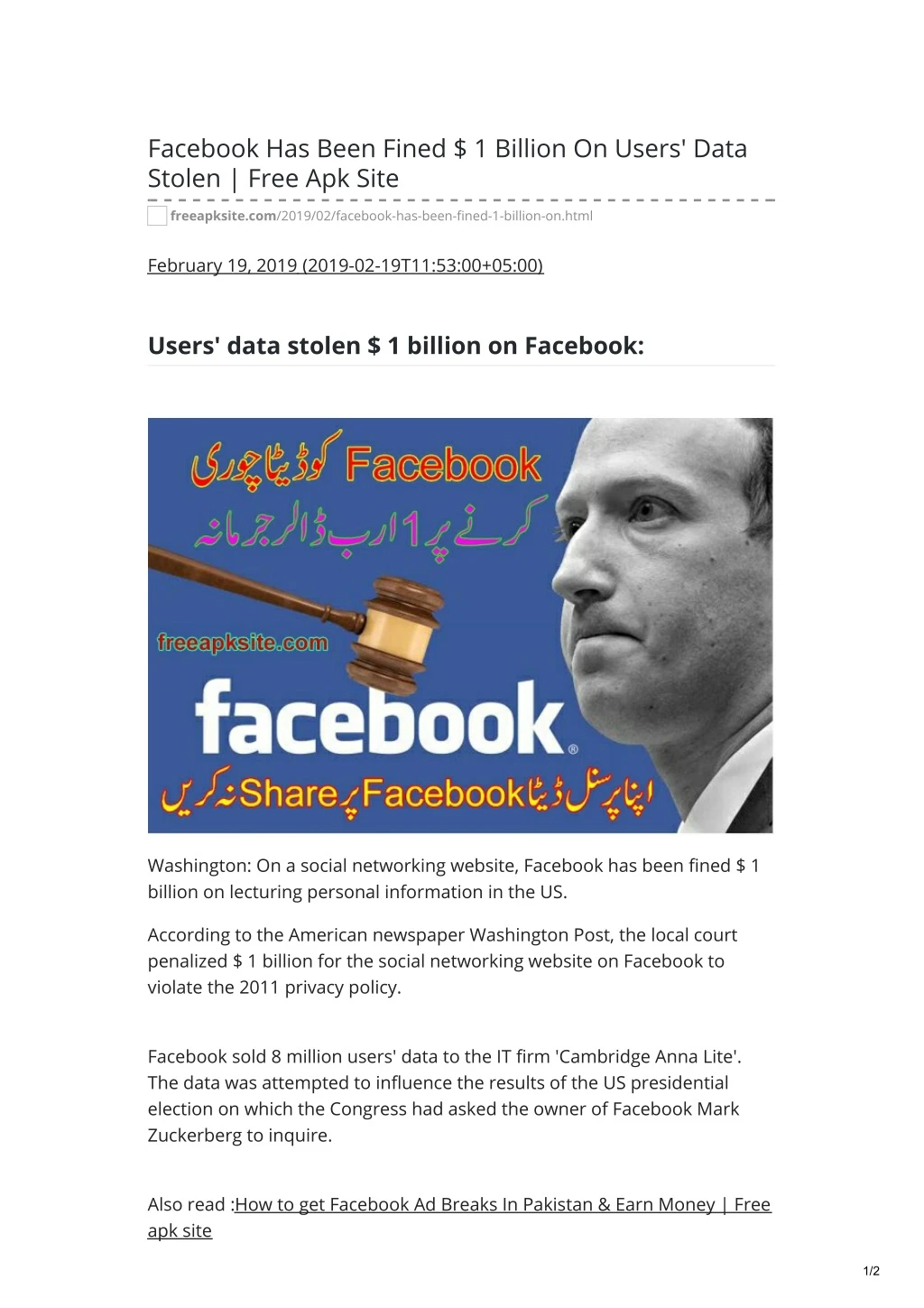 facebook has been fined 1 billion on users data