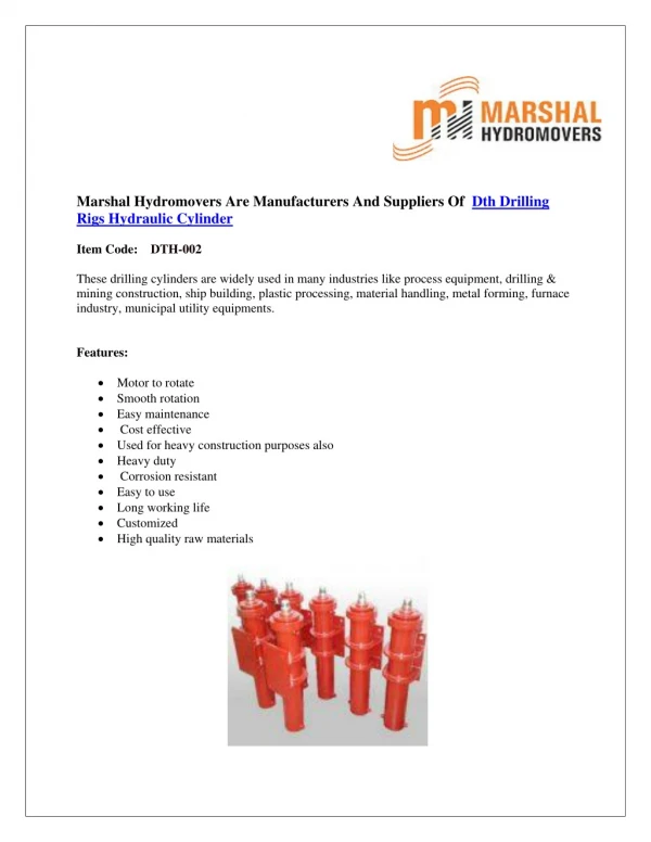 DTH Drilling Rigs Hydraulic Cylinder|Marshal Haydromovers