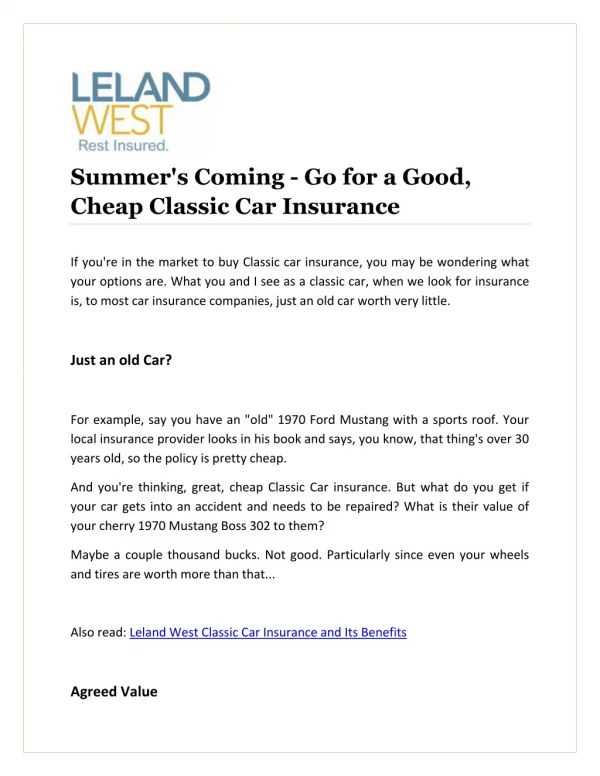 Summer's Coming - Go for a Good, Cheap Classic Car Insurance