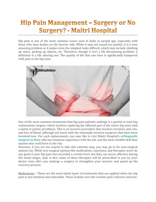 Hip Pain Management – Surgery Or No Surgery? - Maitri Hospital