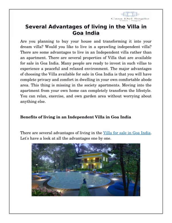 Several Advantages of living in the Villa in Goa India