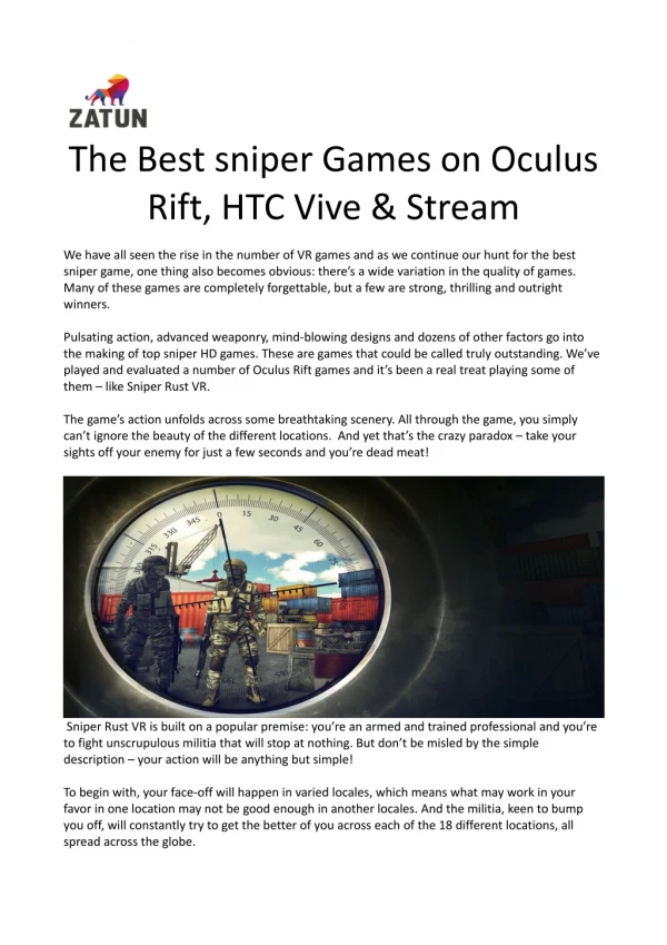 The Best Sniper Game on Oculus Rift, HTC Vive & Stream
