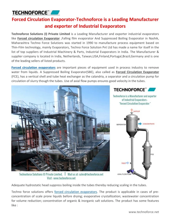 Forced Circulation Evaporator-Technoforce is a Leading Manufacturer and exporter of Industrial Evaporators