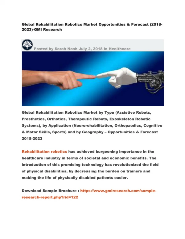 Global Rehabilitation Robotics Market Opportunities & Forecast (2018-2023)-GMI Research
